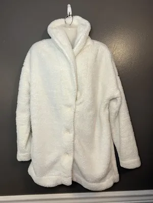 PJ Salvage Coat Womens XL White Faux Fur Sherpa Fleece Button Front Long Cozy thumbnail 1