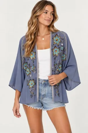 Blank London Kimono Blouse Womens One Size Blue Embroidered Floral Boho thumbnail 1