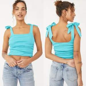 Free People Crop Top Womens Small Mint‎ Green Tie Shoulder Ruched Ribbed Boho thumbnail 3