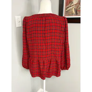 Loft Petites Red Plaid Metallic Peplum Blouse Tie Neck MP thumbnail 3
