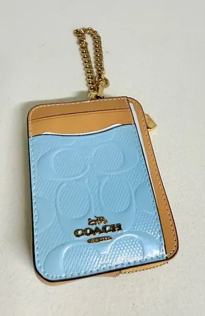 NWT Coach Zip Card Case In Signature Leather With Charm CFA36 Gold/Light Blue thumbnail 1