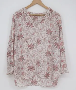 LOFT Womens Pink Paisley Floral V-Neck Ruffle Cuff Blouse Top Medium thumbnail 1
