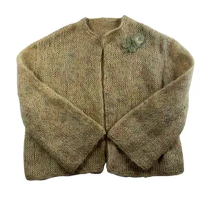 Vtg 70s Sz S Cardigan Sweater Open Knit CottageCore Granny Boho Handmade‎ Beige thumbnail 1