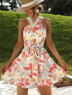 Cross Neck Floral Dress Multi thumbnail 1