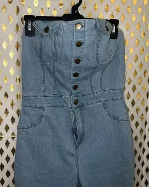 Blashe Denim jumpsuit romper broken zipper tube top skinny jeans size L thumbnail 1