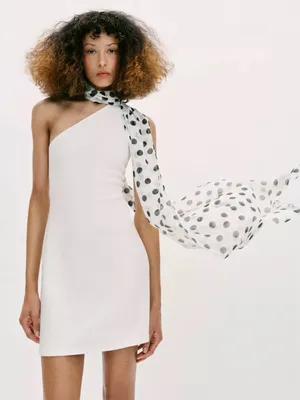 ZARA White One-Shoulder Mini Dress with Polka Dot Scarf thumbnail 1