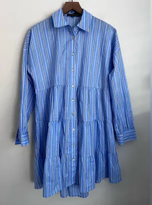 Tuckernuck Pomander Place Shades of Blue Stripe Tiered Cara Dress long sleeve S thumbnail 1