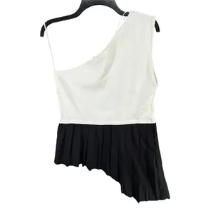 Zara One‎ Shoulder Top Womens L White Black Contrasting Pleated Hem Asymmetrical thumbnail 5