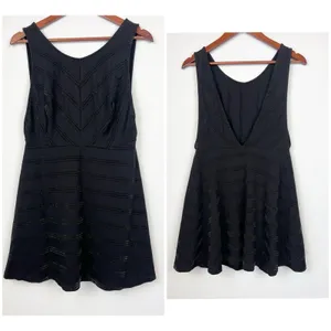 Free People Black Textured Fit & Flare L Mini Dress Deep V Back 0 Boho Chic thumbnail 3