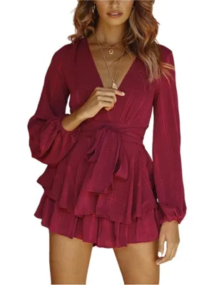 Selfie Leslie Burgundy Red V-Neck Ruffled Mini Romper thumbnail 1