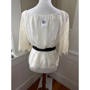 NWT Teri Jon Ivory‎ Lace Off Shoulder Blouse Black Satin Belt Size 4 thumbnail 3