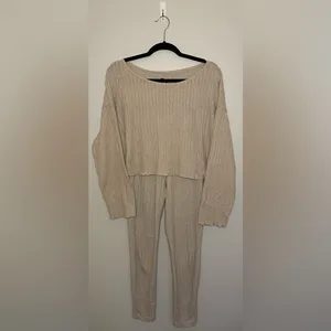 SHEIN Drop Shoulder Ribbed Knit Top & Pants Set, Khaki, Size XS, EUC thumbnail 4