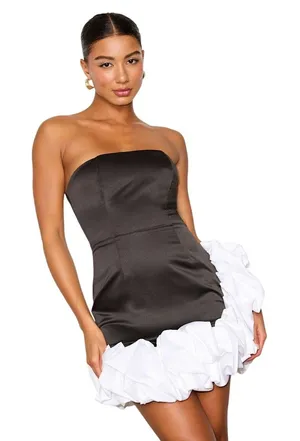 Lulus Evangela Black and White Satin Bubble-Hem Mini Dress size Large thumbnail 1