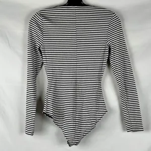 Who What Wear Black White Striped Lace Up Neck Long Sleeve Bodysuit XS thumbnail 2