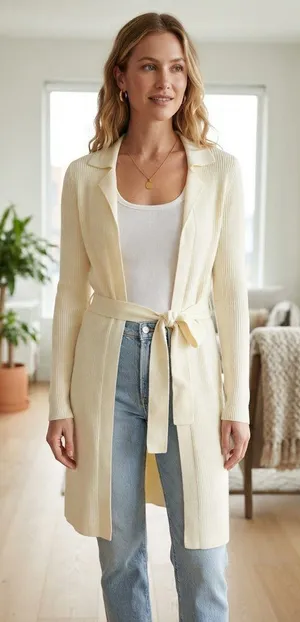 Express Cream Ribbed Knit Belted Longline Cardigan - Size Medium thumbnail 1