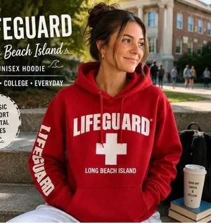 Lifeguard Hoodie Red Sweatshirt Small Coastal Long Island Beach Y2K Surfer thumbnail 1
