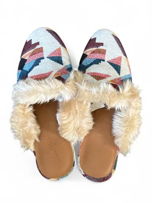 Boho Clog Faux Fur Colorful Geometric Mule Slip-On Aztec Print Shoe Women’s 6.5 thumbnail 2