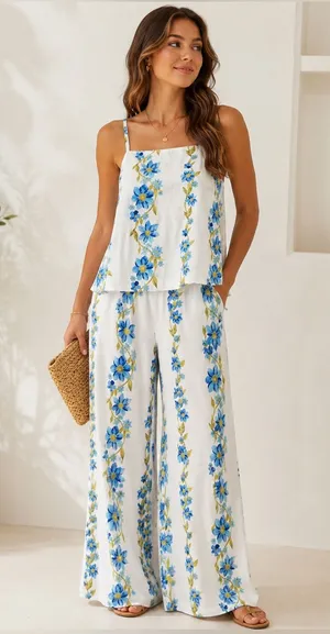 HYFVE Blue Floral Cotton Two-Piece Set | Cami Tank & Wide Leg Pants | Size S thumbnail 1