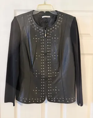 Peter Nygard Black Studded Leather-Front Jacket with zipper length 25” bust 36” thumbnail 1