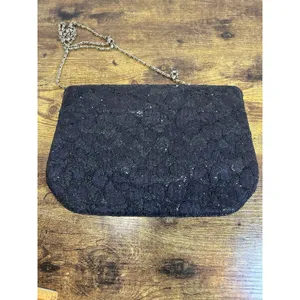 Vintage Black Floral Lace Glitter Evening Bag Gold Tone Chain Strap Formal Purse thumbnail 10
