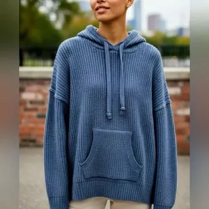 American Eagle baby blue crochet knit hoodie chunky ribbed knit blue sweater wom thumbnail 2