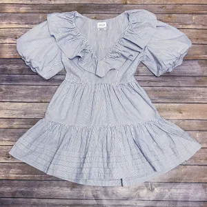 Saylor Blue White Stripe Zerina Plunging V Neck Puff Short Sleeve Mini Dress S thumbnail 7