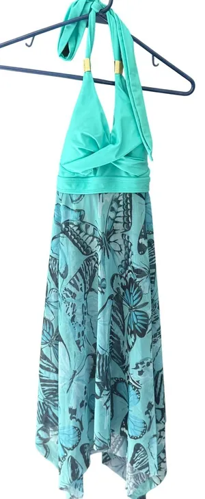 Turquoise Butterfly Print Halter Swim Dress‎ Gold Hardware Mesh Skirt Medium thumbnail 1
