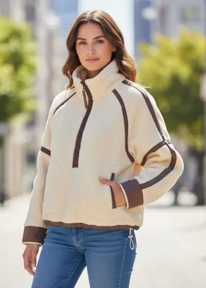 NWOT Boho Quarter-zipped Cream and Tan Oversized Fleece Jacket Sz Small thumbnail 1