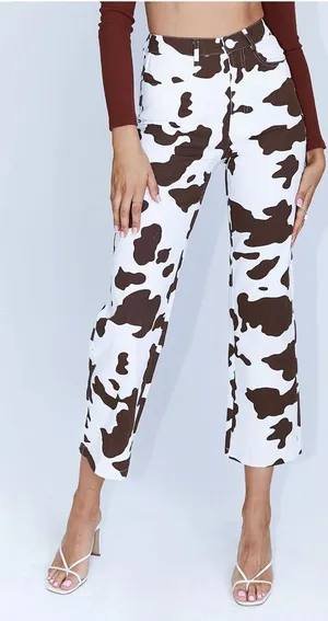 Princess Polly Be Wild Pants White and Brown Cow Print Size 2 thumbnail 1