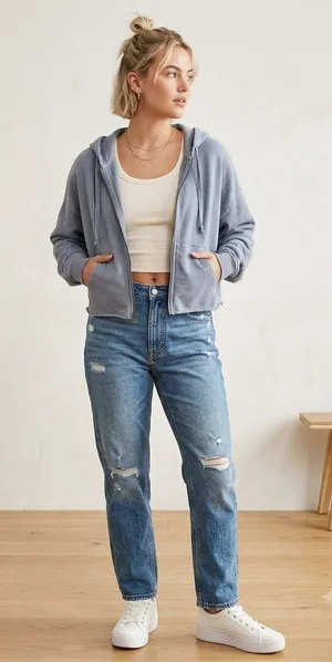 American Eagle Size S Women's Full-Zip Cropped Hoodie in Dusty Blue thumbnail 1