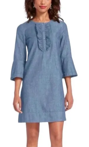 Draper James NWOT Chambray Ruffle Shift Dress Blue Denim 3/4 Bell Sleeve SZ Z SZ thumbnail 1