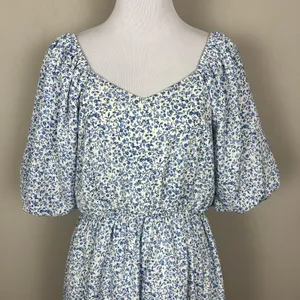 Mikarose Dress Womens Large Blue Floral Puff Sleeve Milkmaid Smocked Pockets‎ L thumbnail 4