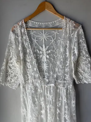Floral Sheer Lace Cottagecore Tie Front Kimono Duster Cotton Blend thumbnail 2