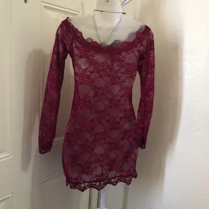 Burgundy red off shoulder sheer lace scallop hem mini dress long sleeves#whimsygoth #gothic-M/L Measurement in pics thumbnail 2