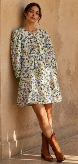 NWT Loft Floral Linen Blend Puff Sleeve Shift Mini Dress 12 Boho Western Chic thumbnail 1