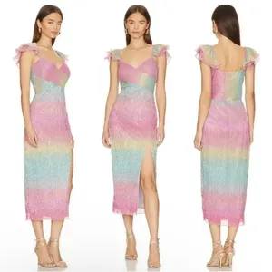 Saylor Myrah Metallic Rainbow Ombré Flutter Sleeve Midi Cocktail Dress thumbnail 5