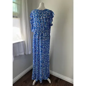 Grecerelle Blue & White Floral Print V-Neck Short Sleeve High Low Maxi Dress thumbnail 10