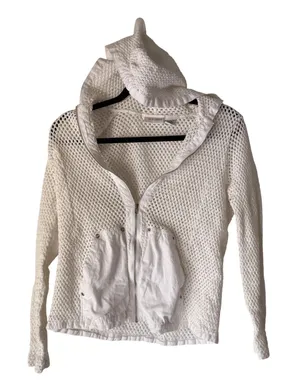 Erin London Y2k Sweater Medium White Hooded Mesh Zip‎ Up Knit Pockets Jacket thumbnail 1