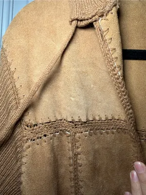 Vintage 80s Genuine Suede Leather Hooded Belted Jacket Sweater Knit Sleeves S/M thumbnail 2