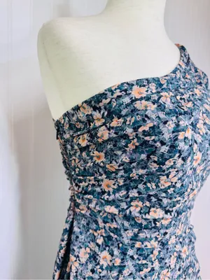 ASTR Santorini One Shouler Midi Dress Medium Blue Floral Wedding Guest Romantic thumbnail 6