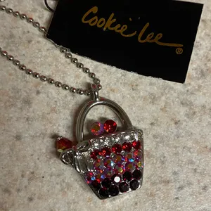 NWT Cookie Lee Crystal Handbag Pendant Necklace Silver Tone Red Rhinestone 16” thumbnail 5