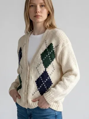 VINTAGE Currants 90's M Academia Granny Hand Knit Argyle Cardigan Sweater Prep thumbnail 1