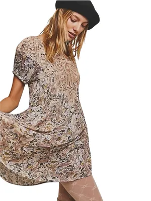 Free People Margot Ivory Printed Mini Dress with Lace Trim Size Extra Small $168 thumbnail 3