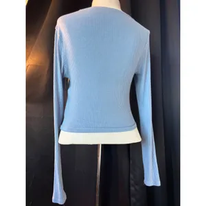Long Sleeve Ribbed Square Neck Wrap Tie Top Dusty Blue Cropped Knit thumbnail 2