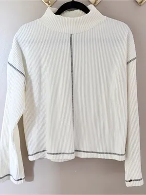 EVEREVE White Ribbed Mock Neck Contrast Stitch Sweater Size S thumbnail 1