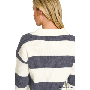 Zenana Striped Collared Sweater - Midnight/Ivory - Medium thumbnail 2