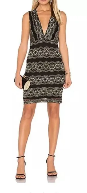 Nightcap Moroccan‎ Black Gold Lace V Neck Dress Size 3 Medium CP thumbnail 1