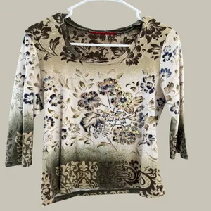 Womens Y2k Floral Sequin Fairy Knit Top Earth Tone Damask Print Scoop Neck L‎ thumbnail 1