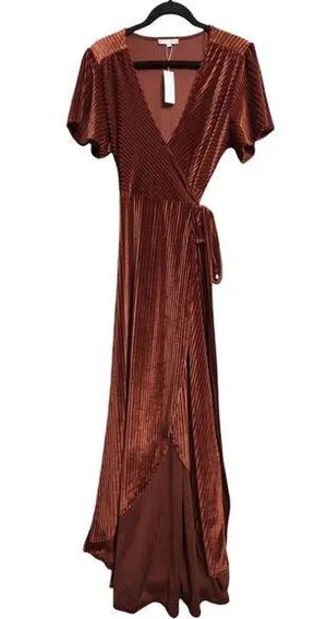 NWT Baltic Born Brown Velvet Wrap Maxi Dress V Neck Tie Waist Womens Size L thumbnail 1