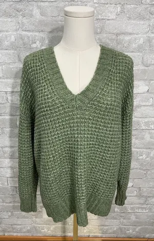 American Eagle Outfitters Olive Green V-Neck Waffle Knit Sweater thumbnail 1